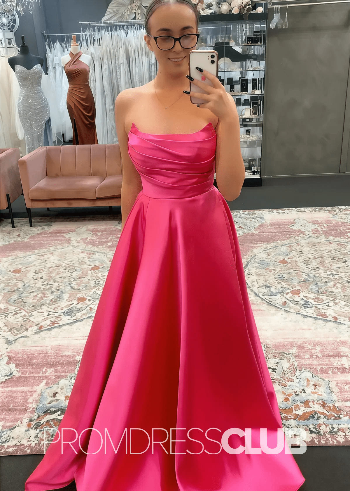 Odelia |Long Hot Pink Prom Dresses Shops With A Line Strapless Satin Long Formal Gown - Hot Pink - PromDressClub