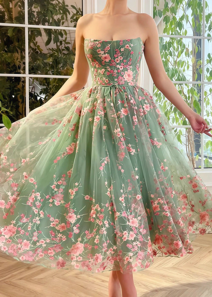 Odette | Gorgeous Sage Green Corset Strapless Backless Floral Midi Prom Dress - Sage - PromDressClub
