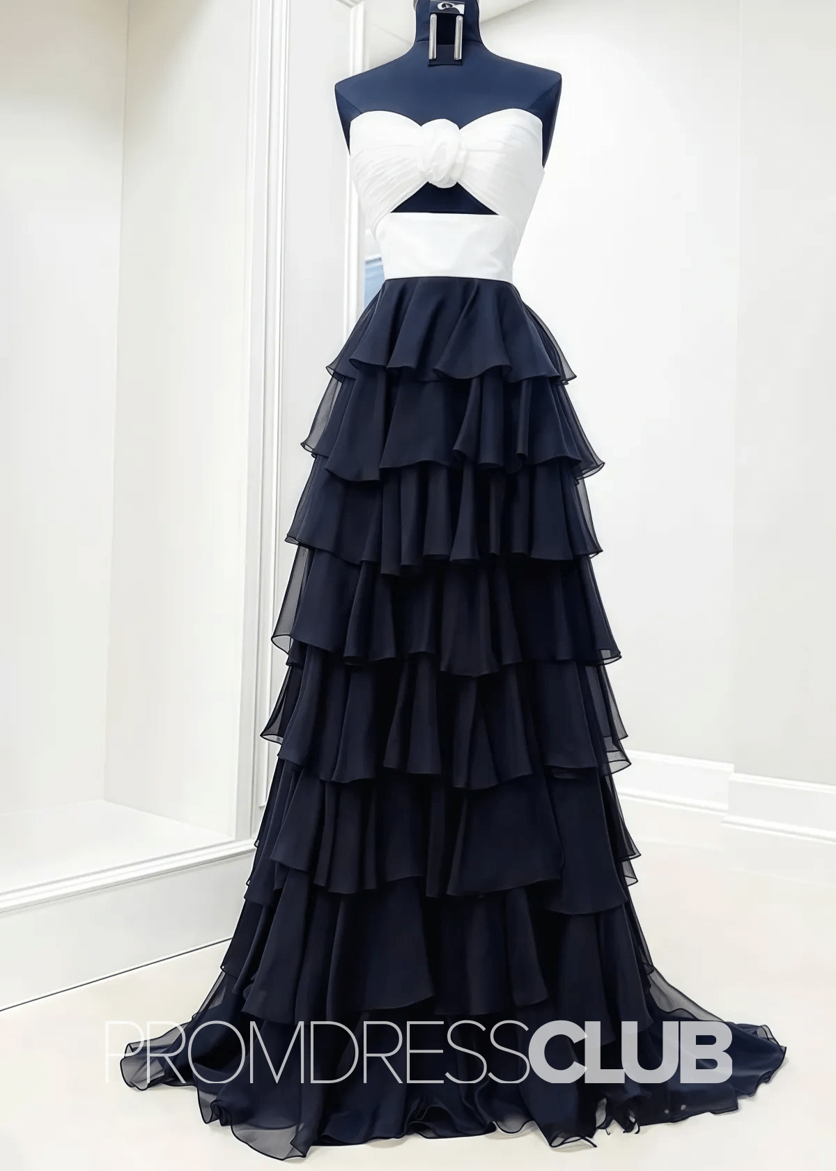 Olga |Black Long Prom Dresses Store With A - Line Strapless Tiered Chiffon V - Neck Layered - Price #price_variant_lowest# - Black White - PromDressClub