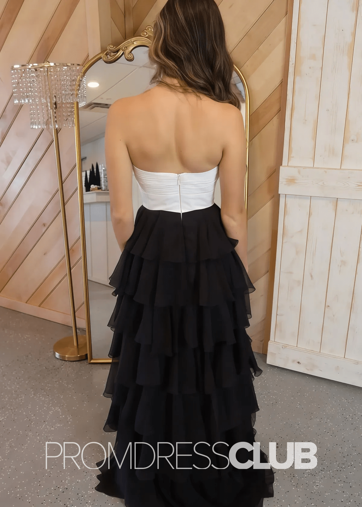 Olga |Black Long Prom Dresses Store With A - Line Strapless Tiered Chiffon V - Neck Layered - Price #price_variant_lowest# - Black White - PromDressClub