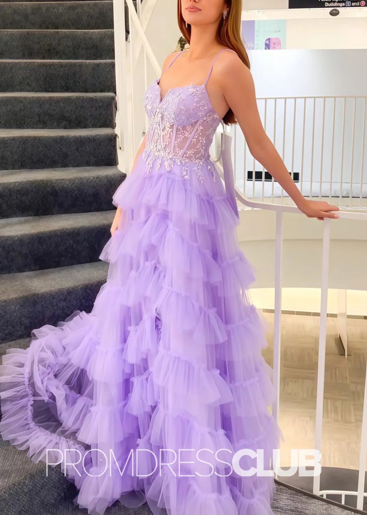 Olive |Long Lilac Prom Dresses Shops With A - Line Tiered Layered Tulle Spaghetti Straps V - Neck - Price #price_variant_lowest# - Lilac - PromDressClub