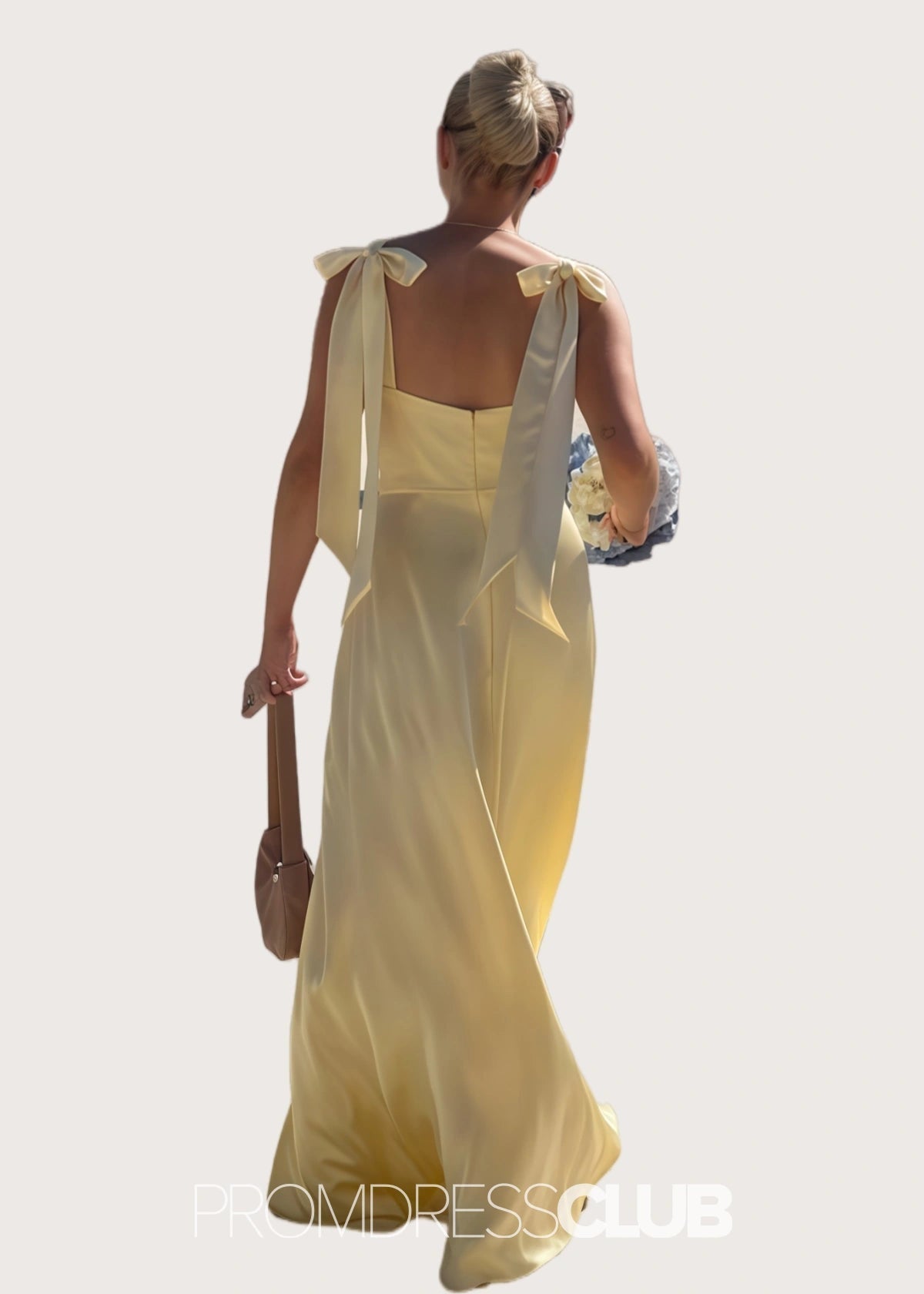 Olivia | A - Line Light Yellow Satin Long Bridesmaid Dress - Yellow - PROMDRESS Club