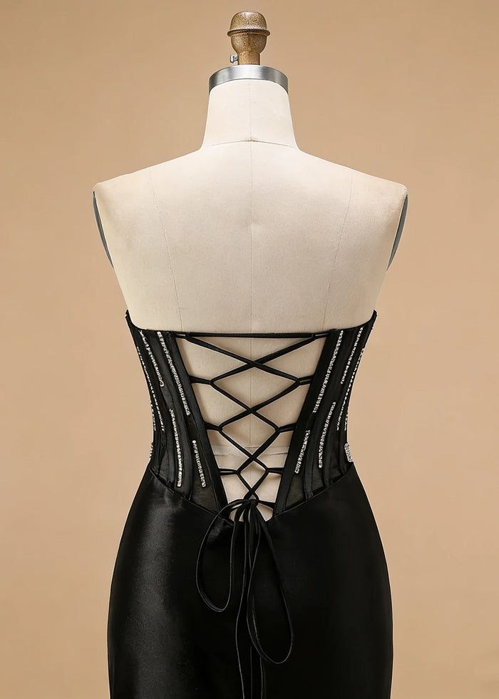 Orla Strapless Black Beaded Prom Dress | Mermaid Corset Sweetheart Neckline Pleated Formal Dress with Slit - Black - PromDressClub