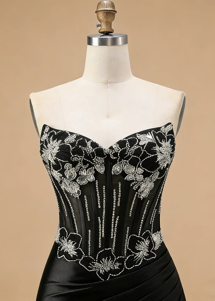 Orla Strapless Black Beaded Prom Dress | Mermaid Corset Sweetheart Neckline Pleated Formal Dress with Slit - Black - PromDressClub