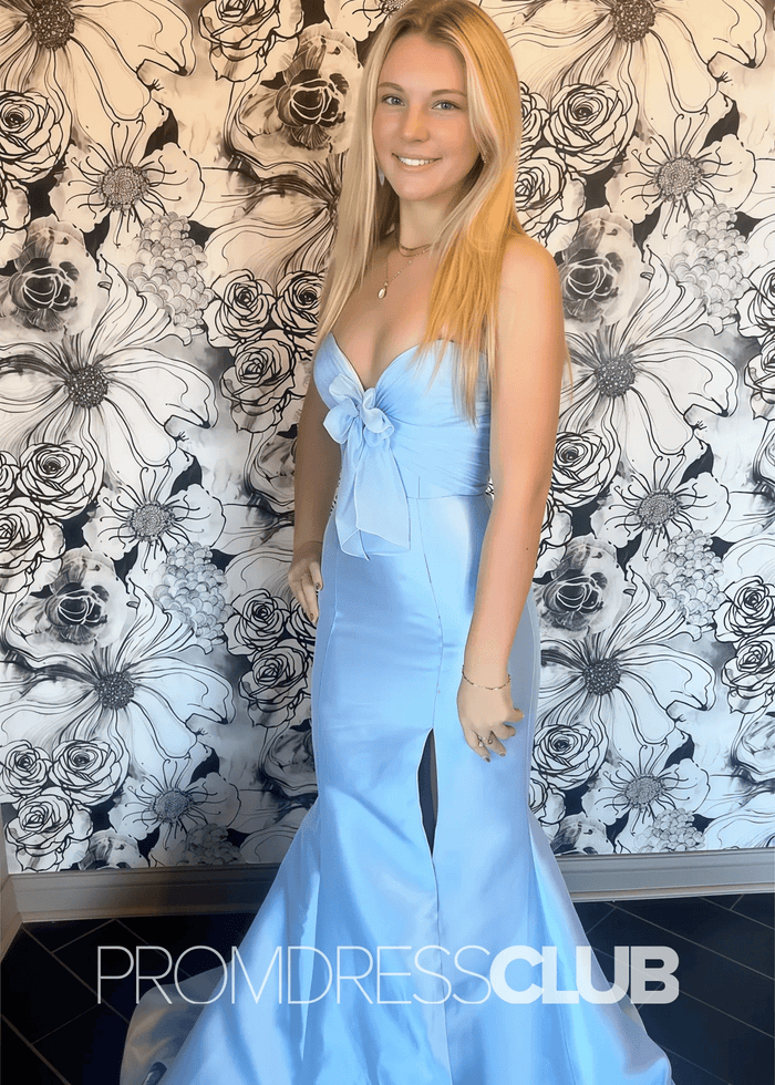 Pag |Light Blue Long Prom Dresses Near Me With Mermaid Satin Strapless Tulle Bow - Price #price_variant_lowest# - Light Blue - PromDressClub