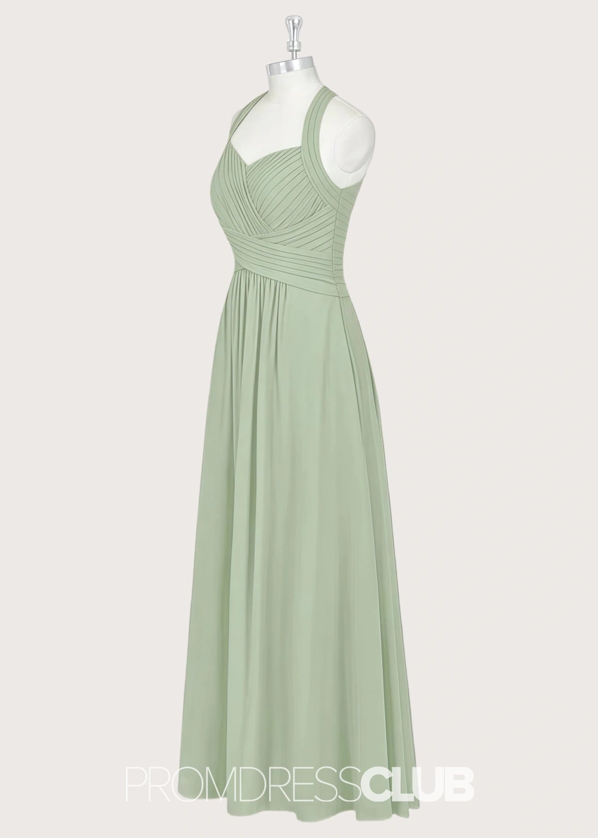 Pamela | A - Line Halter Sage Green Chiffon Long Bridesmaid Dresses - Sage - PROMDRESS Club