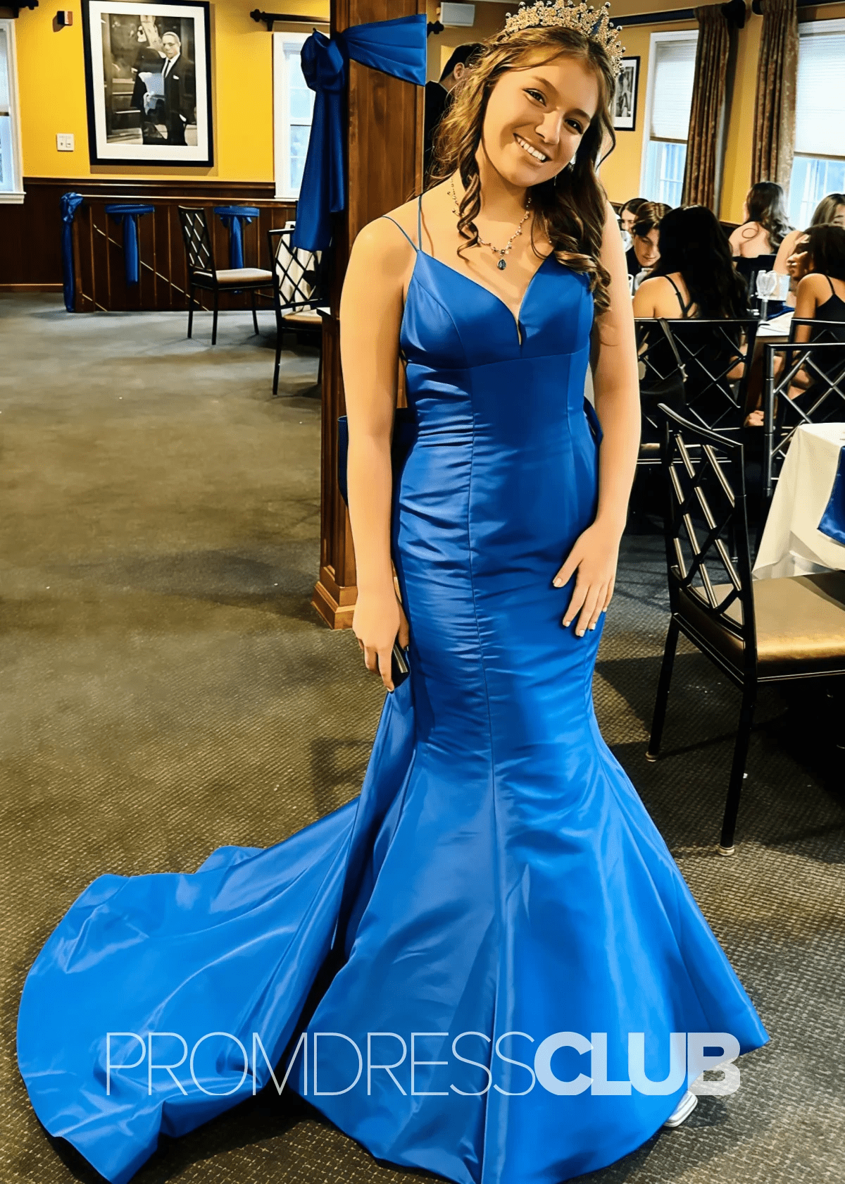 Pamela |Hot Pink Long Prom Dresses Near Me With atin Backless Mermaid V Neck Bow - Price #price_variant_lowest# - Blue - PromDressClub