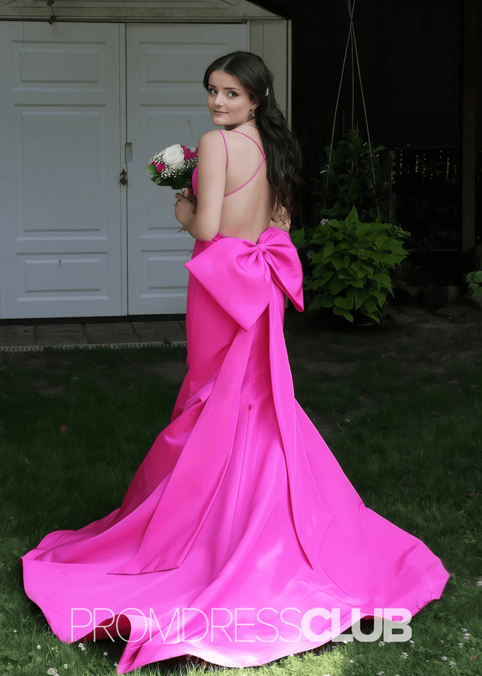 Pamela |Hot Pink Long Prom Dresses Near Me With atin Backless Mermaid V Neck Bow - Price #price_variant_lowest# - Hot Pink - PromDressClub