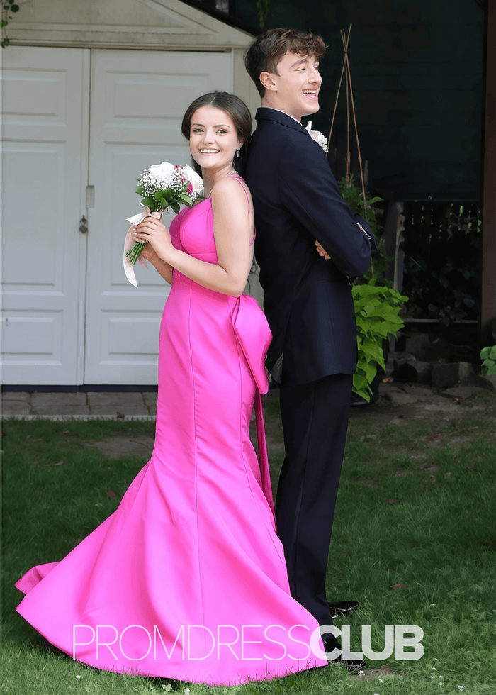 Pamela |Hot Pink Long Prom Dresses Near Me With atin Backless Mermaid V Neck Bow - Price #price_variant_lowest# - Hot Pink - PromDressClub
