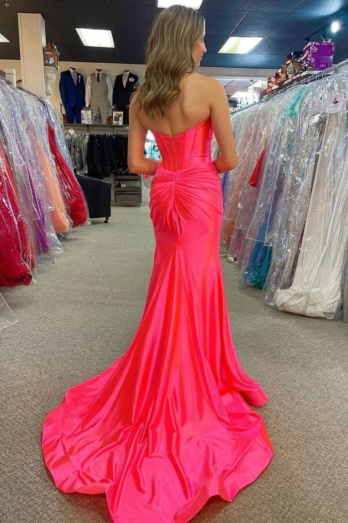 Pandora | Mermaid Satin Black and Hot Pink Strapless Prom Dress with Slit - Hot Pink - PromDressClub