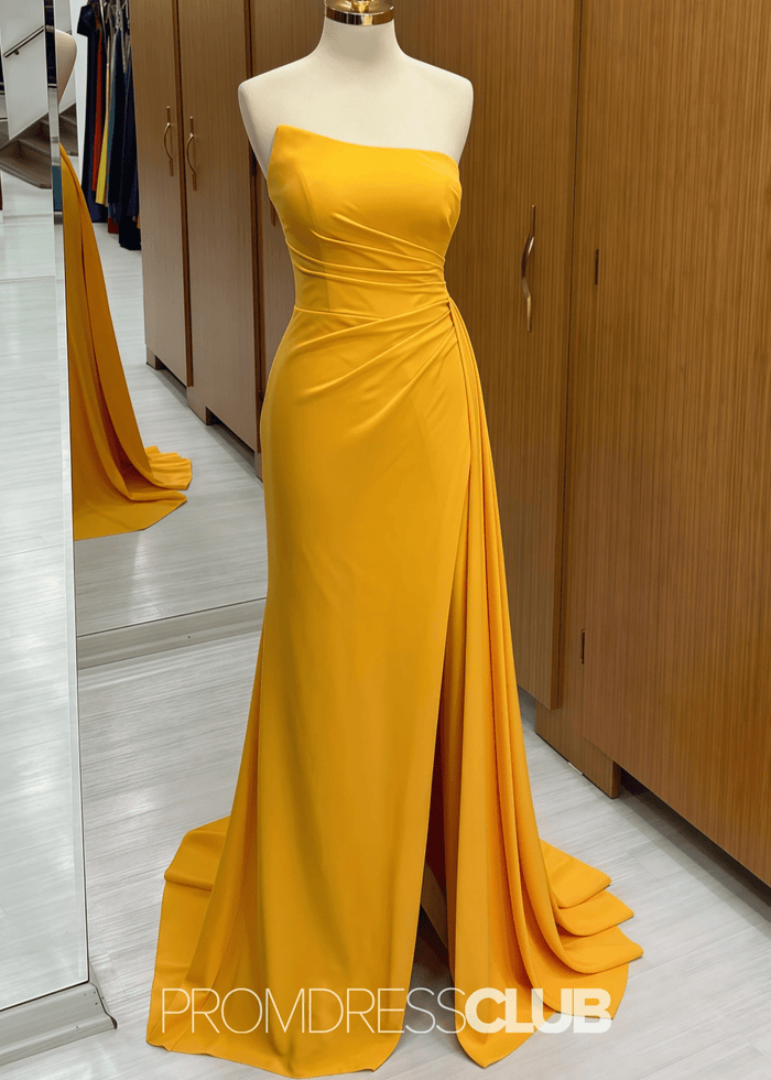 Paula | Mermaid Strapless Ruched Corset Navy Blue Satin Maxi Bridesmaid Dress - Price #price_variant_lowest# - Yellow - PromDressClub