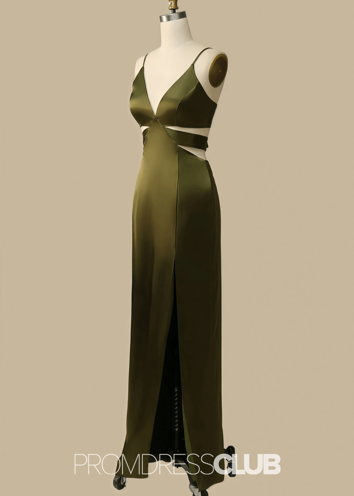 Pearl | A Line Cutout Olive Green Satin Long Bridesmaid Dress with - Price #price_variant_lowest# - Olive Green - PromDressClub