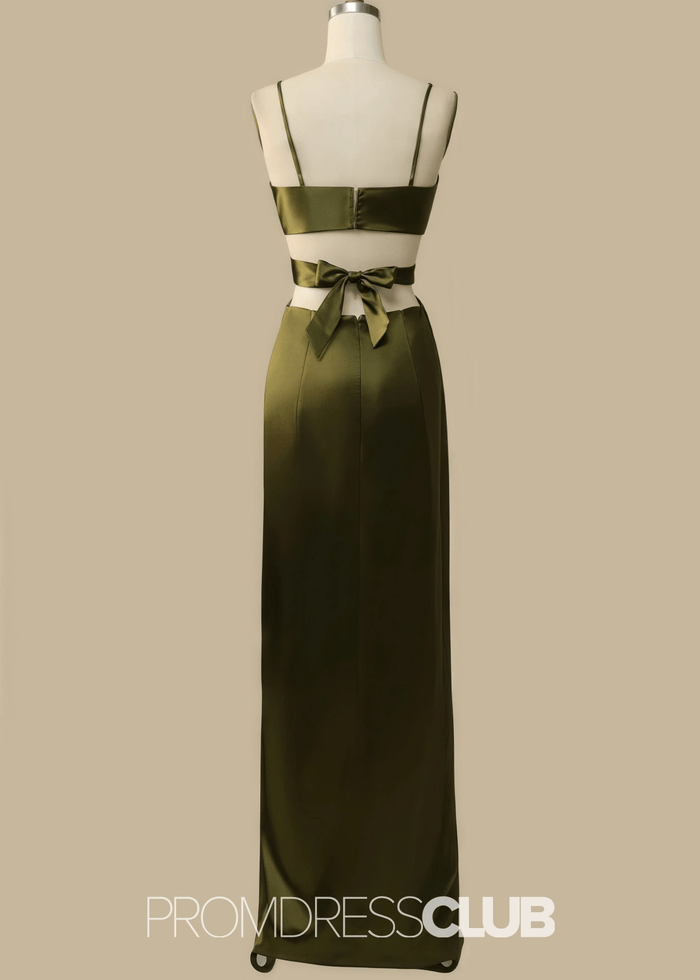 Pearl | A Line Cutout Olive Green Satin Long Bridesmaid Dress with - Price #price_variant_lowest# - Olive Green - PromDressClub