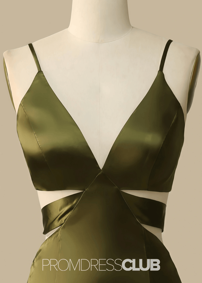Pearl | A Line Cutout Olive Green Satin Long Bridesmaid Dress with - Price #price_variant_lowest# - Olive Green - PromDressClub