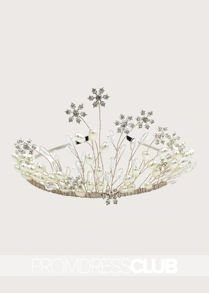 Pearl Snowflake Bridal Crown With Transparent Crystal Flower - Price #price_variant_lowest# - Gold - PromDressClub