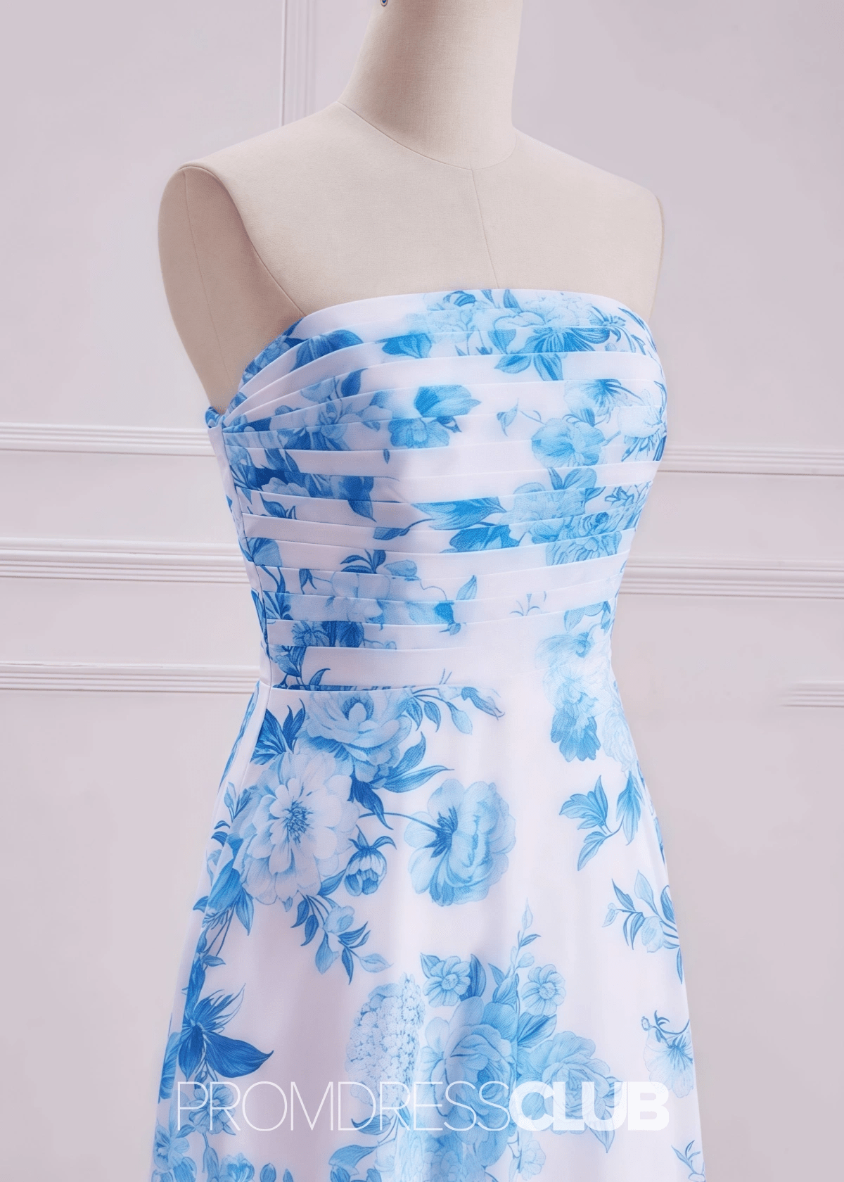 Penny | White Blue Floral Print Mermaid Strapless Long Bridesmaid Dress - Blue Floral - PROMDRESS Club