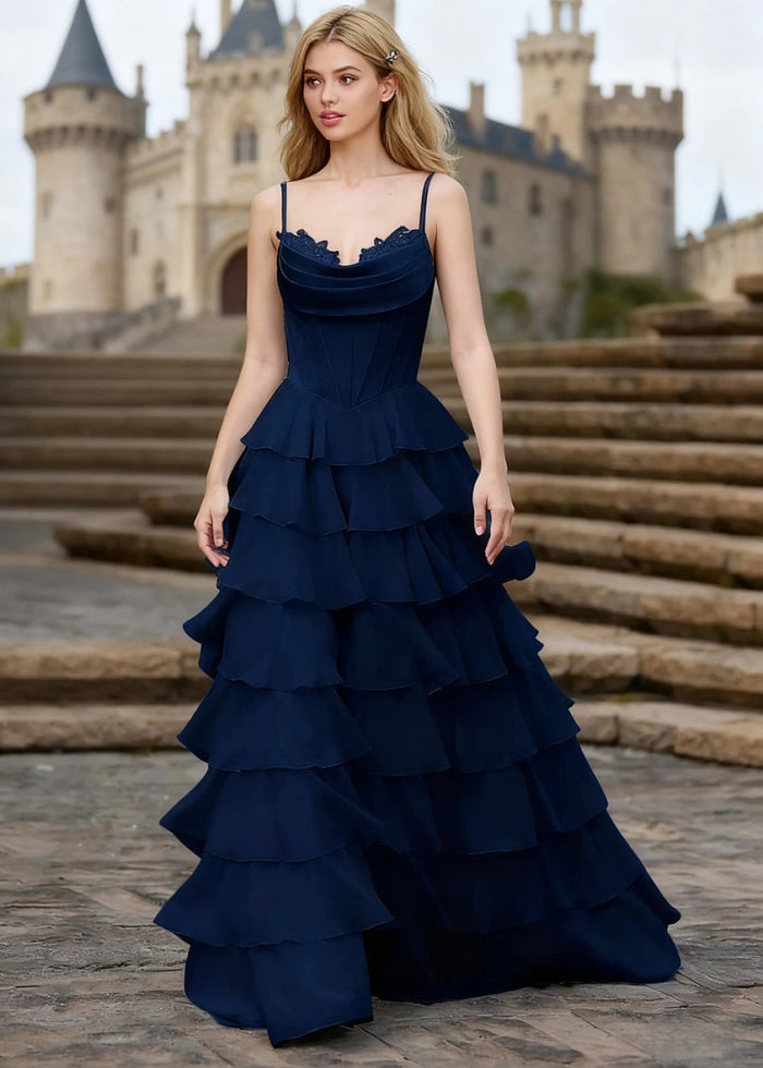 Penumbra Navy Blue Corset Ruffle Prom Dress | A - Line Cowl Neck Lace Tiered Pleated Dress with Slit - US0 - PromDressClub