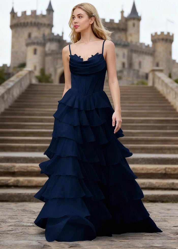 Penumbra Navy Blue Corset Ruffle Prom Dress | A - Line Cowl Neck Lace Tiered Pleated Dress with Slit - US0 - PromDressClub