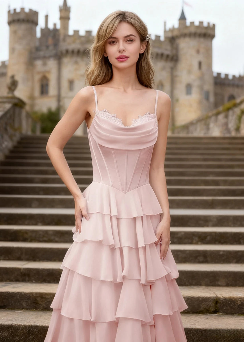 Penumbra Powder Pink Corset Ruffle Prom Dress | A - Line Cowl Neck Lace Tiered Pleated Dress with Slit - US0 - PromDressClub