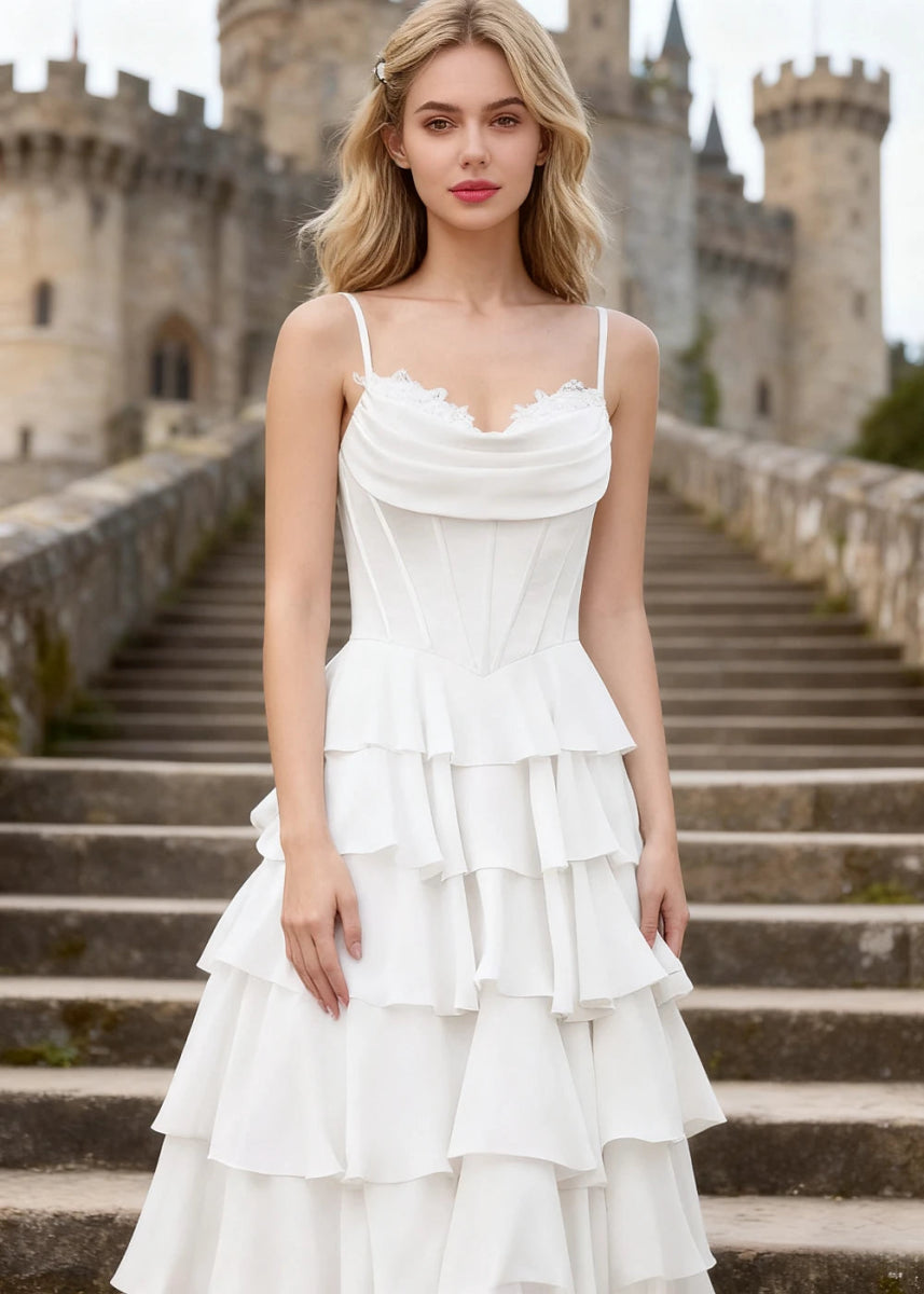 Penumbra White Corset Ruffle Prom Dress | A - Line Cowl Neck Lace Tiered Pleated Dress with Slit - US0 - PromDressClub