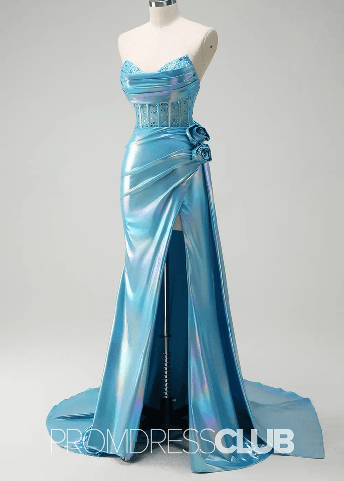 Phyllis |Metallic White Prom Dresses Near Me With Strapless Mermaid Beaded Corset Cape - Price #price_variant_lowest# - Light Blue - PromDressClub