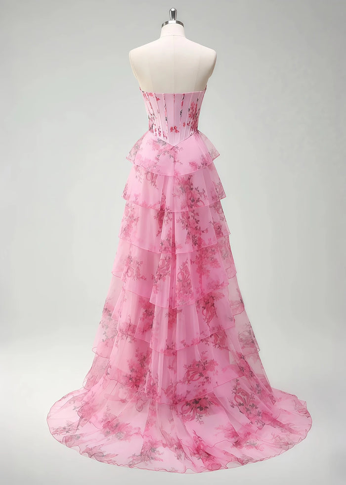 Pia Corset Hot Pink Floral Prom Dress Ruffles | A - Line Strapless Lace Detail Slit Formal Dress - Hot Pink Floral - PromDressClub