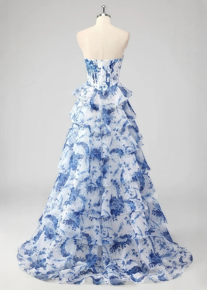 Pia Corset White and Blue Floral Prom Dress Ruffles | A - Line Strapless Lace Detail Slit Formal Dress - White and Blue Floral - PromDressClub