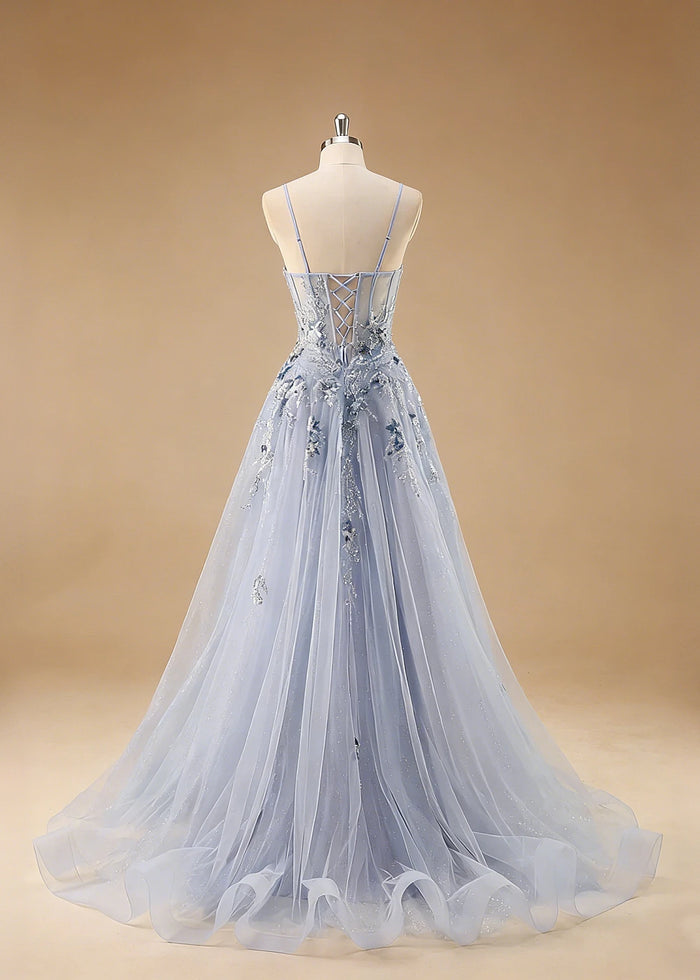 Pippa Sequin Blue Corset Dress Prom | A - Line Strapless Sweetheart Neckline Tulle Formal Dress with Appliques - Blue - PromDressClub