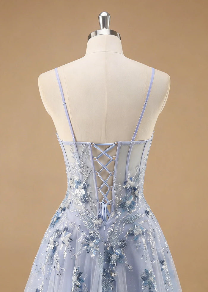 Pippa Sequin Blue Corset Dress Prom | A - Line Strapless Sweetheart Neckline Tulle Formal Dress with Appliques - Blue - PromDressClub