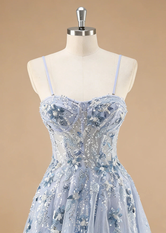 Pippa Sequin Blue Corset Dress Prom | A - Line Strapless Sweetheart Neckline Tulle Formal Dress with Appliques - Blue - PromDressClub