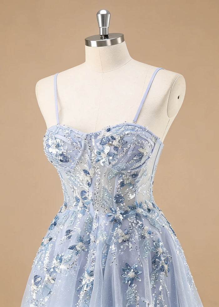 Pippa Sequin Blue Corset Dress Prom | A - Line Strapless Sweetheart Neckline Tulle Formal Dress with Appliques - Blue - PromDressClub