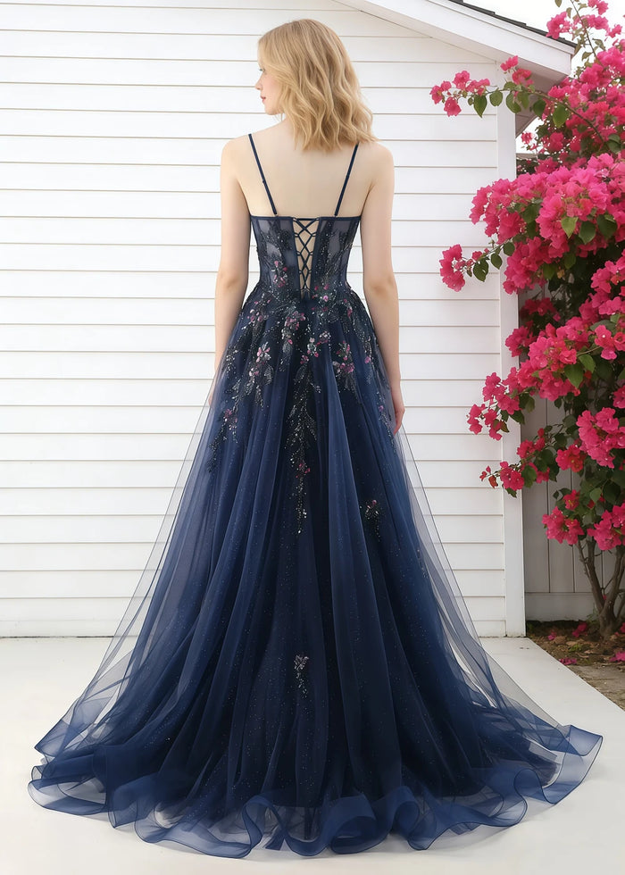 Pippa Sequin Navy Blue Corset Dress Prom | A - Line Strapless Sweetheart Neckline Tulle Formal Dress with Appliques - Navy Blue - PromDressClub