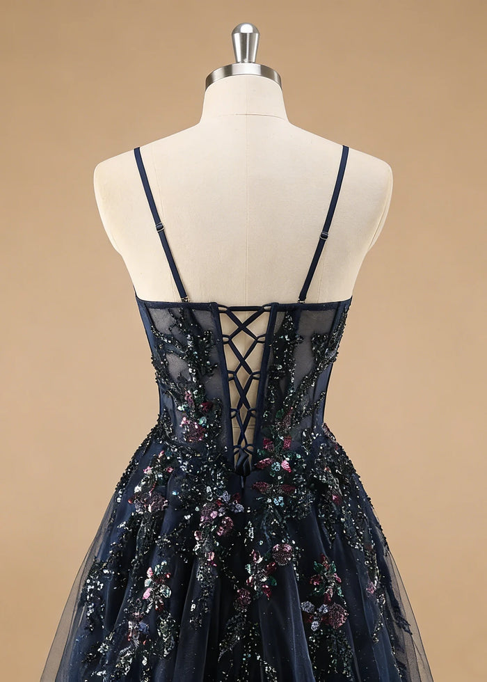 Pippa Sequin Navy Blue Corset Dress Prom | A - Line Strapless Sweetheart Neckline Tulle Formal Dress with Appliques - Navy Blue - PromDressClub