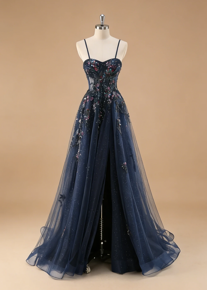 Pippa Sequin Navy Blue Corset Dress Prom | A - Line Strapless Sweetheart Neckline Tulle Formal Dress with Appliques - Navy Blue - PromDressClub