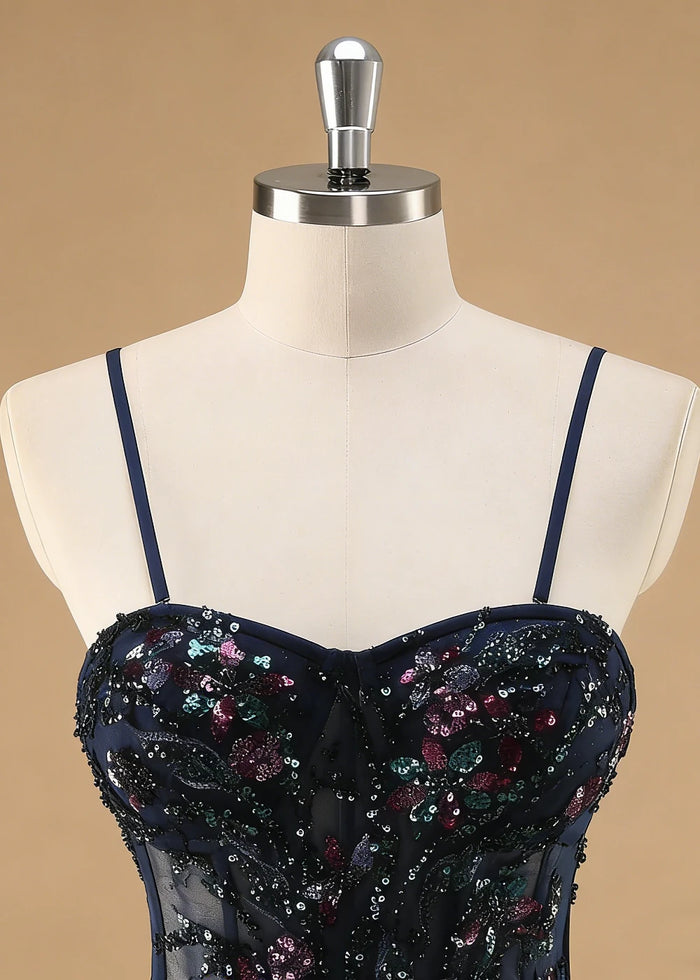 Pippa Sequin Navy Blue Corset Dress Prom | A - Line Strapless Sweetheart Neckline Tulle Formal Dress with Appliques - Navy Blue - PromDressClub