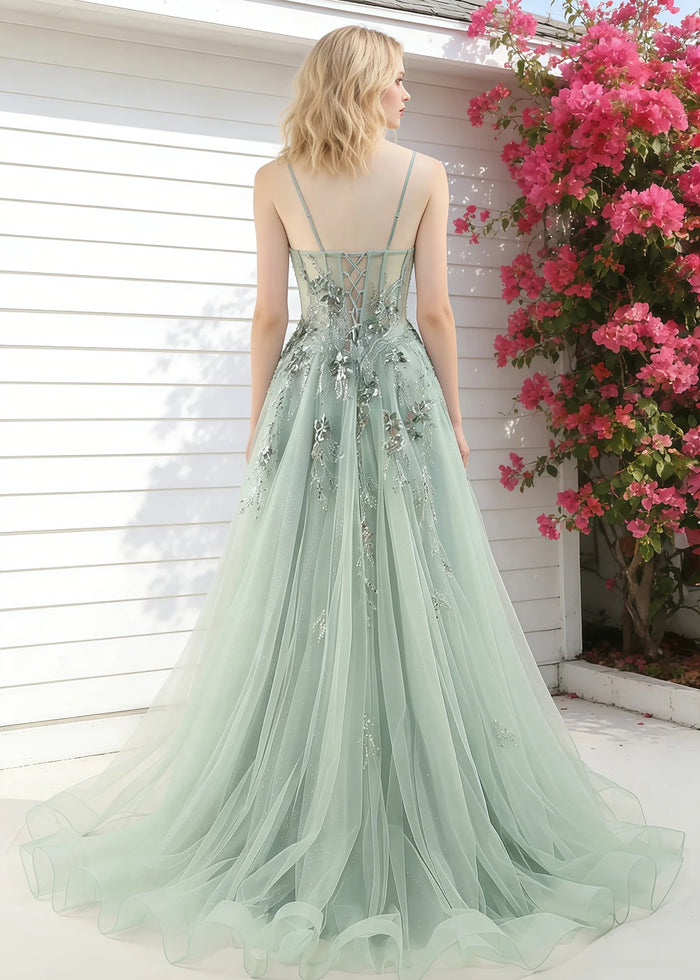 Pippa Sequin Sage Green Corset Dress Prom | A - Line Strapless Sweetheart Neckline Tulle Formal Dress with Appliques - Sage Green - PromDressClub