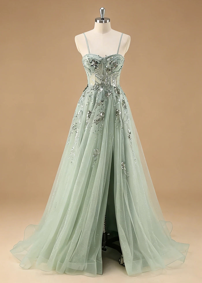 Pippa Sequin Sage Green Corset Dress Prom | A - Line Strapless Sweetheart Neckline Tulle Formal Dress with Appliques - Sage Green - PromDressClub