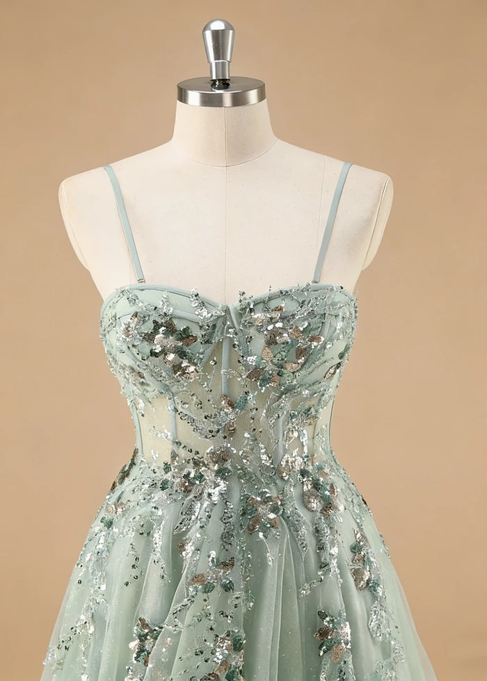 Pippa Sequin Sage Green Corset Dress Prom | A - Line Strapless Sweetheart Neckline Tulle Formal Dress with Appliques - Sage Green - PromDressClub