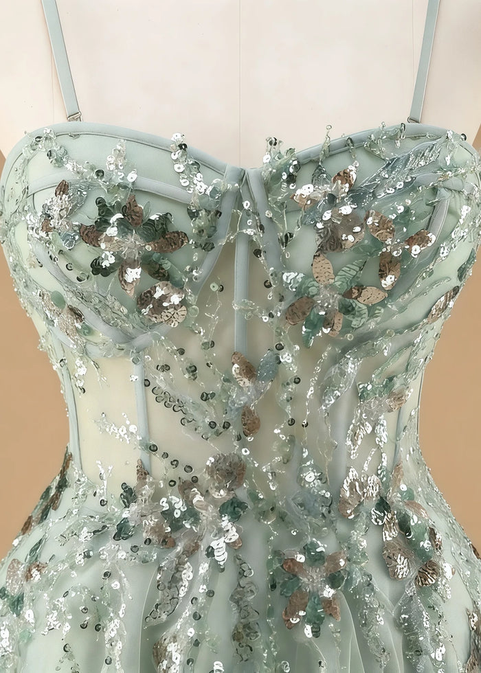 Pippa Sequin Sage Green Corset Dress Prom | A - Line Strapless Sweetheart Neckline Tulle Formal Dress with Appliques - Sage Green - PromDressClub