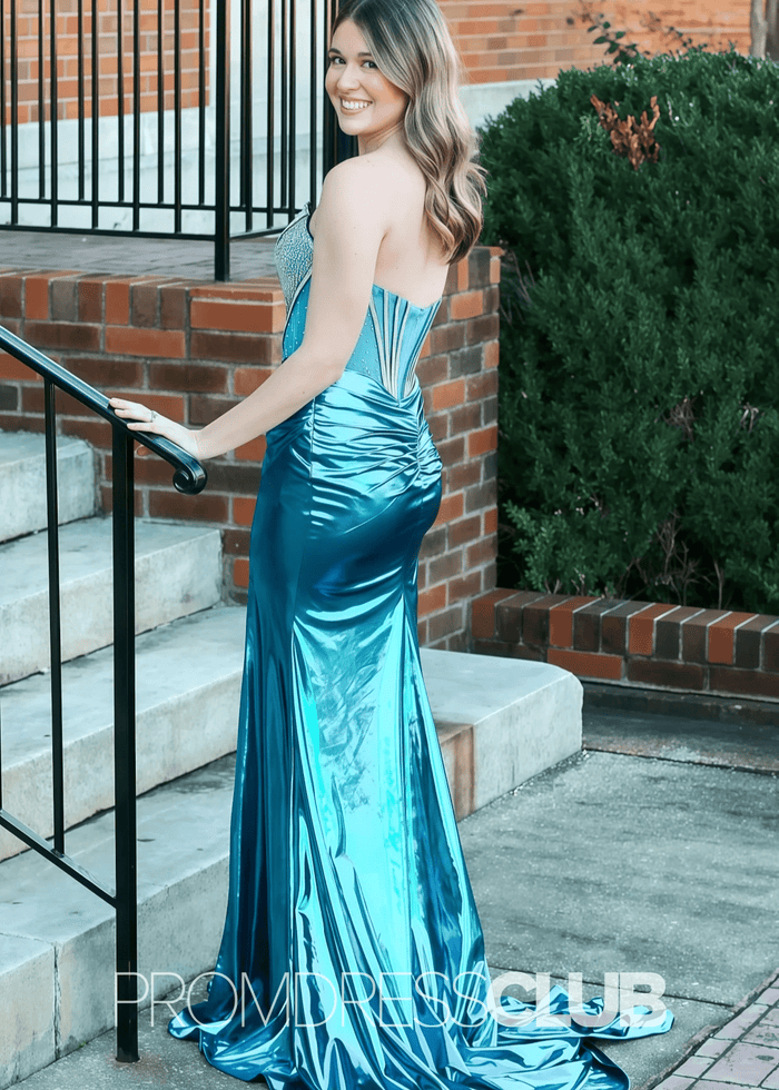 Polly |Long Metallic Peacock Blue Prom Dresses Websites With Sweetheart Mermaid Beaded Slit - Price #price_variant_lowest# - Peacock - PromDressClub