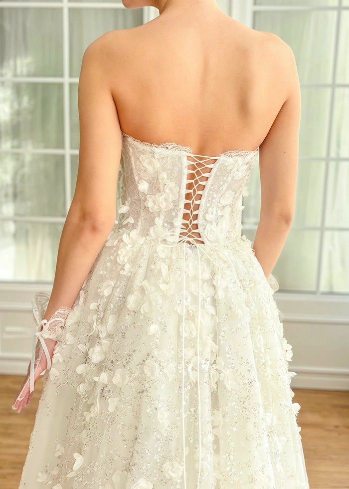Poppy | Stunning White Strapless Floral Corset Wedding Dress - White Floral - PromDressClub