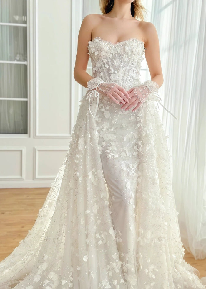 Poppy | Stunning White Strapless Floral Corset Wedding Dress - White Floral - PromDressClub