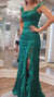 Sheath/Column Emerald Green Square Neck Ruffle Slit Long Prom Dress with Satin PromDressClub