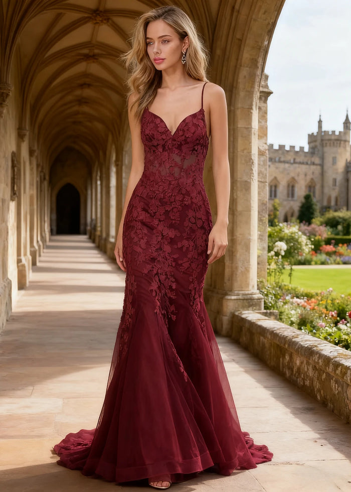 Quinn Burgundy Flower Mermaid Prom Dress | Spaghetti Strap V - Neck Open Back Tulle Gown - Burgundy - PromDressClub