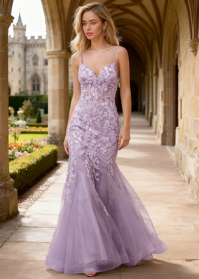 Quinn Lavender Flower Mermaid Prom Dress | Spaghetti Strap V - Neck Open Back Tulle Gown - Lavender - PromDressClub