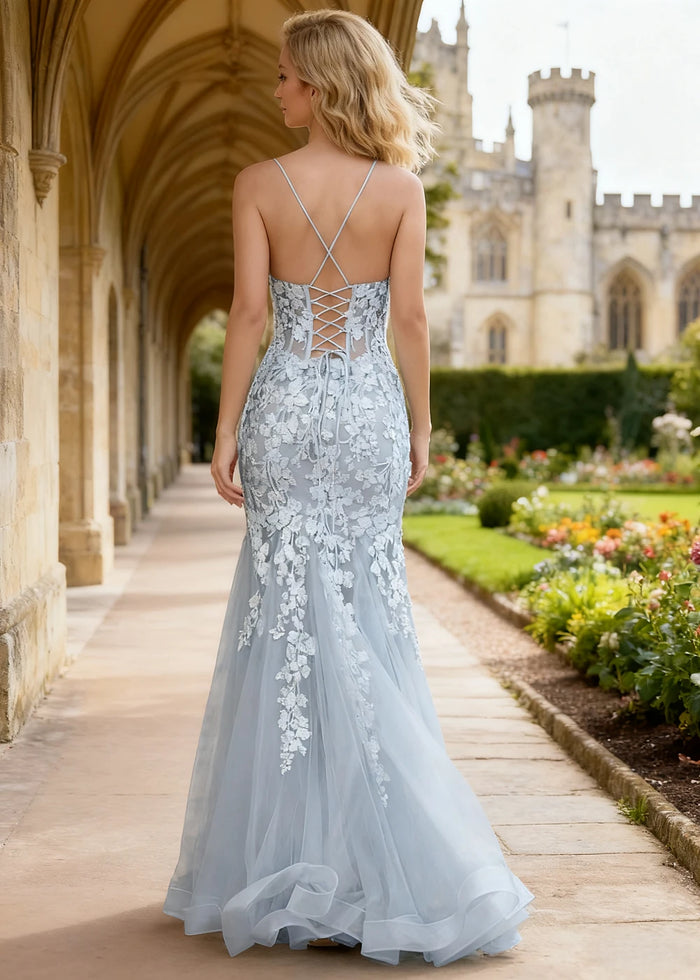 Quinn Light Blue Flower Mermaid Prom Dress | Spaghetti Strap V - Neck Open Back Tulle Gown - Light Blue - PromDressClub