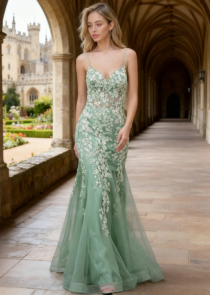 Quinn Light Green Flower Mermaid Prom Dress | Spaghetti Strap V - Neck Open Back Tulle Gown - Light Green - PromDressClub
