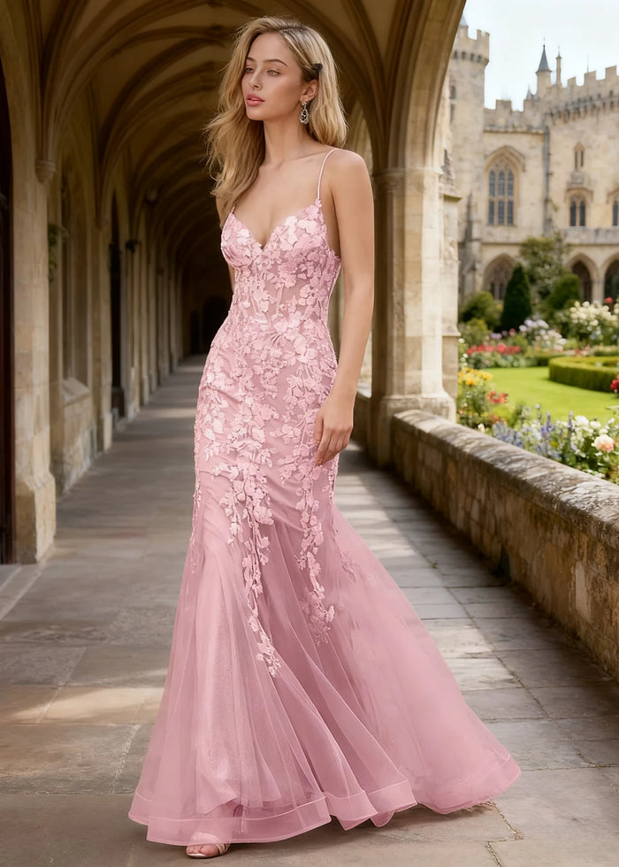 Quinn Pink Flower Mermaid Prom Dress | Spaghetti Strap V - Neck Open Back Tulle Gown - Pink - PromDressClub