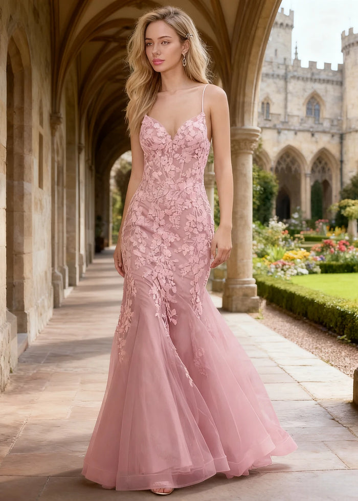 Quinn Pink Flower Mermaid Prom Dress | Spaghetti Strap V - Neck Open Back Tulle Gown - Pink - PromDressClub