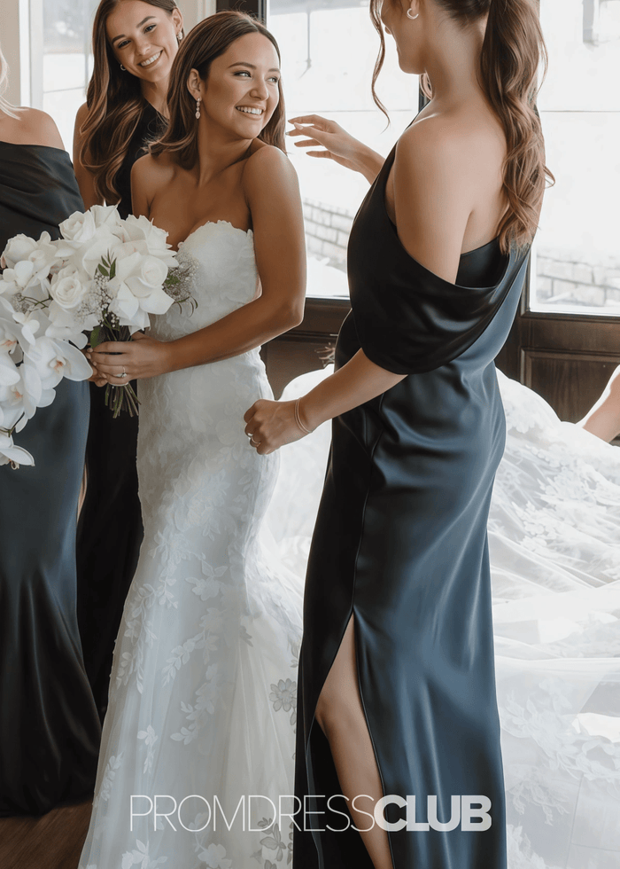 Quintina | Sheath Column Pleated Black Satin Long Bridesmaid Dress - Price #price_variant_lowest# - Black - PromDressClub